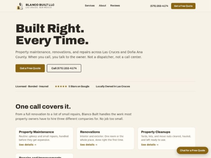 Homepage of the Blanco Built LLC website we built, property maintenance in Las Cruces
