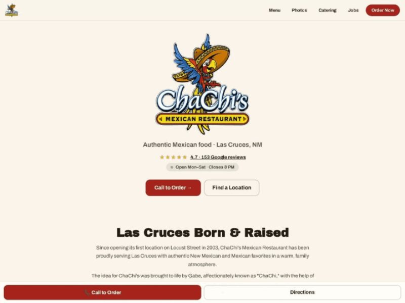Homepage of the Chachi's Mexican Restaurant website we built
