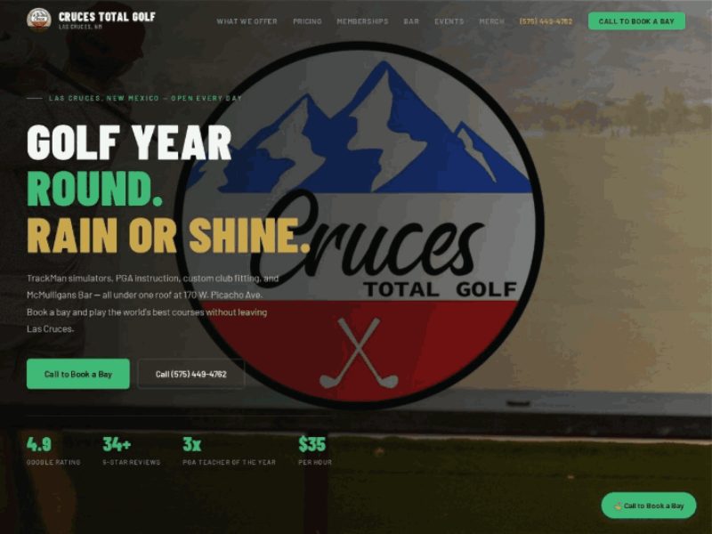 Homepage of the Cruces Total Golf simulator website we built