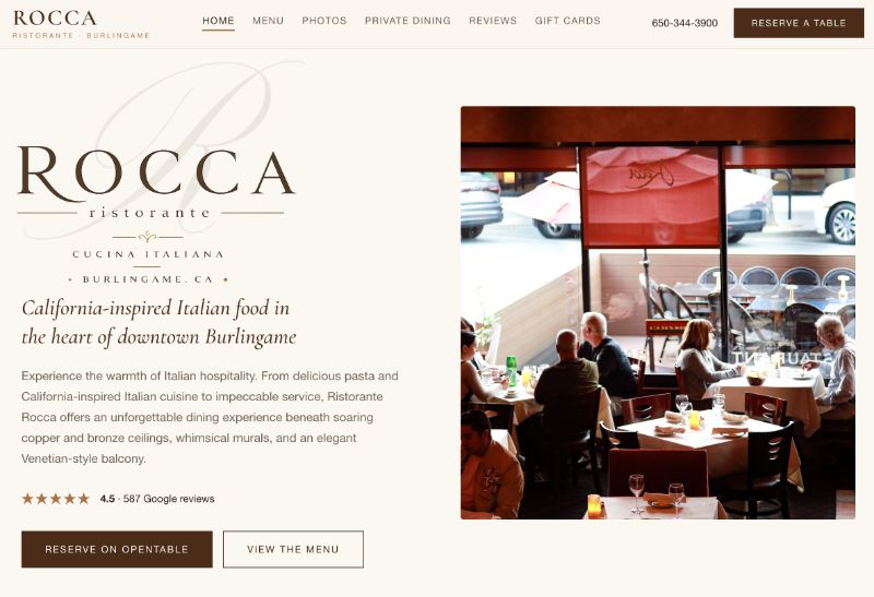 Redesigned restaurant website with a reserve a table button and the phone number in the header