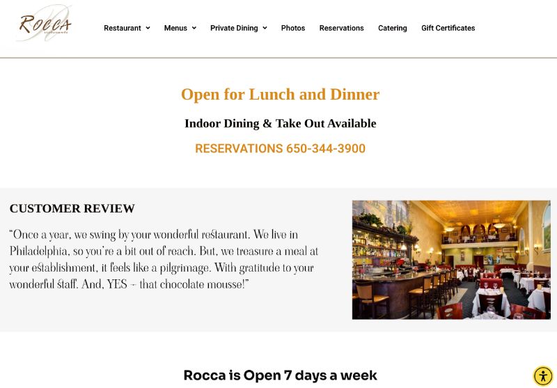 Rocca website before the rebuild, a dated template layout with a script logo and cluttered nav
